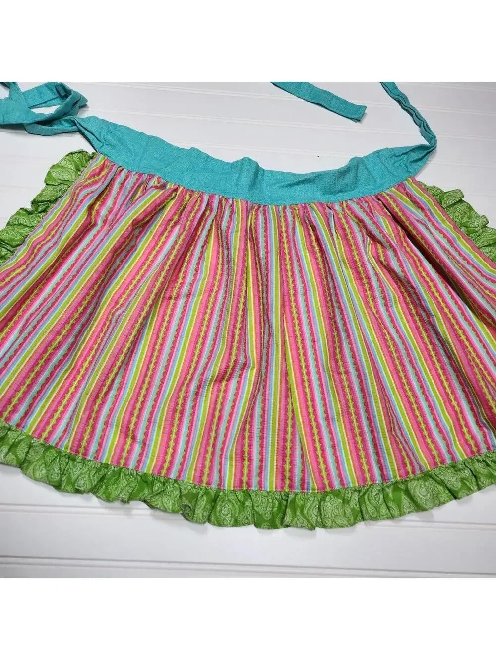 Colorful Handmade Striped Apron with Green Ruffle Trim